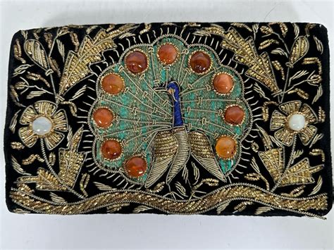 Vintage Peacock Bird Design Zardozi Embroidered Gemstone Clutch Black