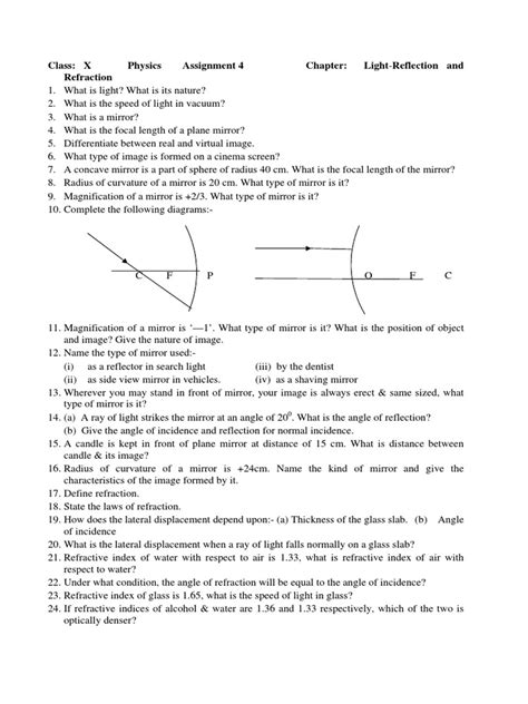 Cbse Class 10 Physics Worksheet Pdf Refractive Index Refraction