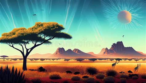 Illustrated Africa With Animals At Sunset Stock Illustration