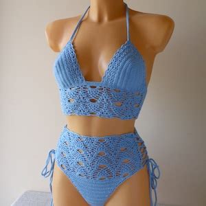 High Waist Crochet Swimsuit Lace High Waisted Crochet Bikini Set Lace Up Handmade Crochet