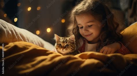 Little girl reading a book before bed with her cat Stock Photo | Adobe ...