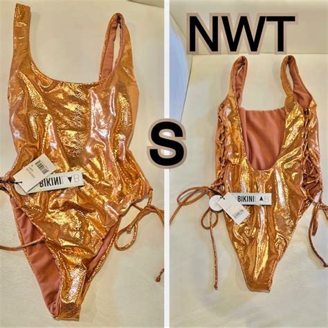 The Bikini Lab Swim Nwt S Copper Gold High Leg Side Cut Out Lace Up Skimpy One Piece