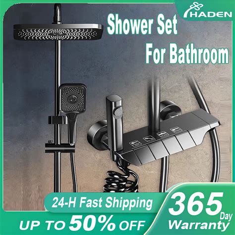 HADEN Gun Grey In Square Piano Key Design Hot And Cold Shower Set For Bathroom With Mixer