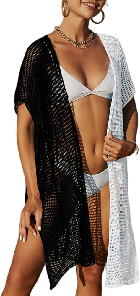 Wander Agio Womens Bikini Cover Ups Beach Casual Dress Coverup Knit Cardigan Flower Net Black