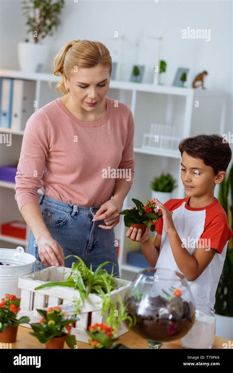 Standing Near Pupil Beautiful Blonde Haired Ecology Teacher Wearing Jeans Standing Near Her