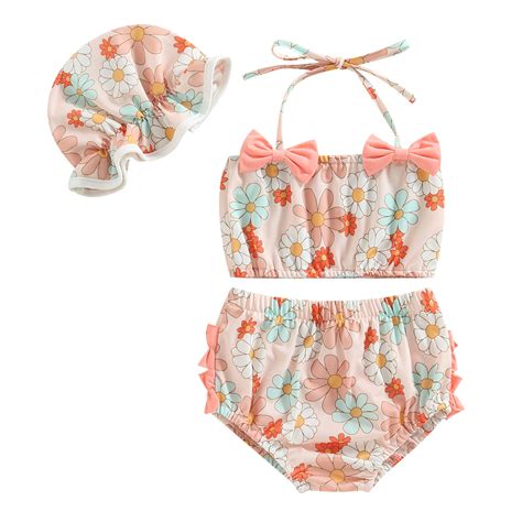 Baby Girls Three Piece Swimsuits Floral Print Halter Bikini Set Bathing Suit With Swim Cap