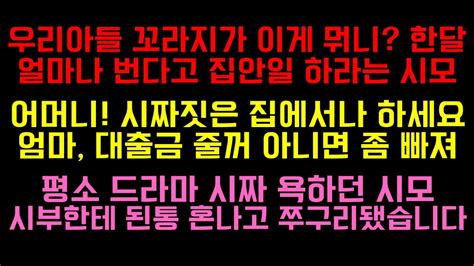 사이다사연우리아들 꼬라지가 이게뭐니얼마나 번다고 집안일 하라는 시모어머니 시짜는 집에서나 하세요엄마 대출금 줄꺼 아니면