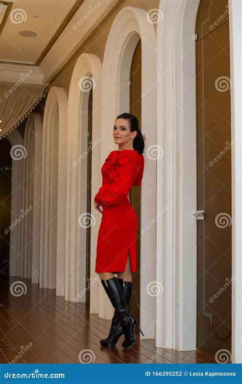 Sensual Beautiful Brunette Woman Posing In Red Dress Girl With Long Hair Stock Photo Image Of