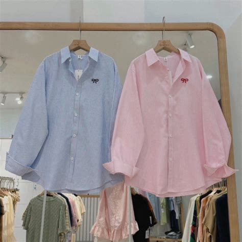 T Hot Áo Sơ Mi Kẻ Thêu Hình Gấu W Form Suông Rộng Áo Sơ Mi Oversize Form Khoác Hàn Quốc Kẻ