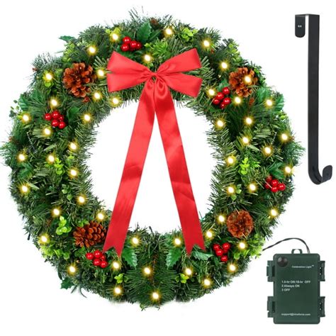 24 Inch Battery Operated Led Christmas Wreath With Timer Red Berries