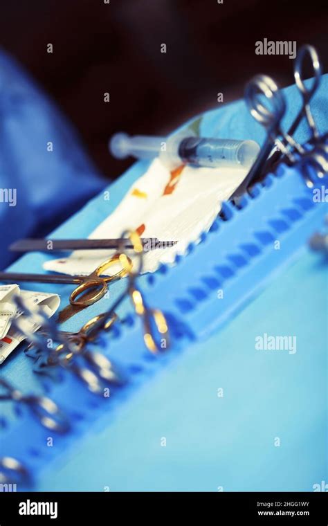 Sterile Table With Used Surgical Tools During Wound Dressing Stock