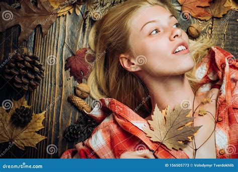 Beautiful Sensual Blonde Playing With Leaves Background With Autumn Leaves Stock Image Image