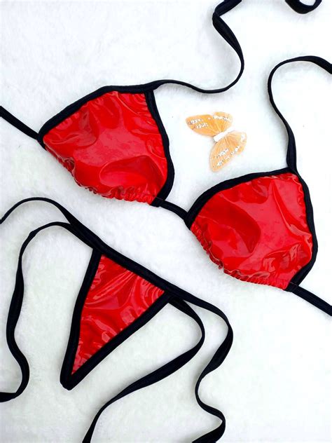 Red Vinyl String Thong Bikini Set Etsy