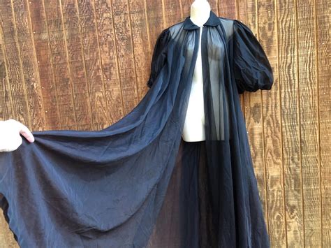 Vanity Fair Vintage Black Lingerie Nightgown Negligee Robe Small Romantic Lace Maxi Chiffon