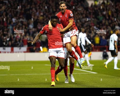 Nottingham Forest S Taiwo Awoniyi Left Celebrates Scoring Their Side