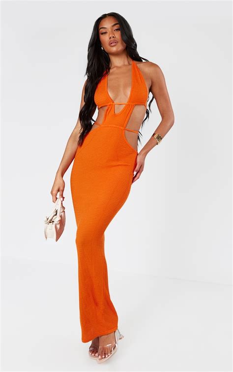 Orange Halterneck Dress Prettylittlething Aus