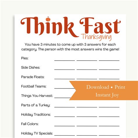 Thanksgiving Think Fast, Instant Download, Printable Party Game for