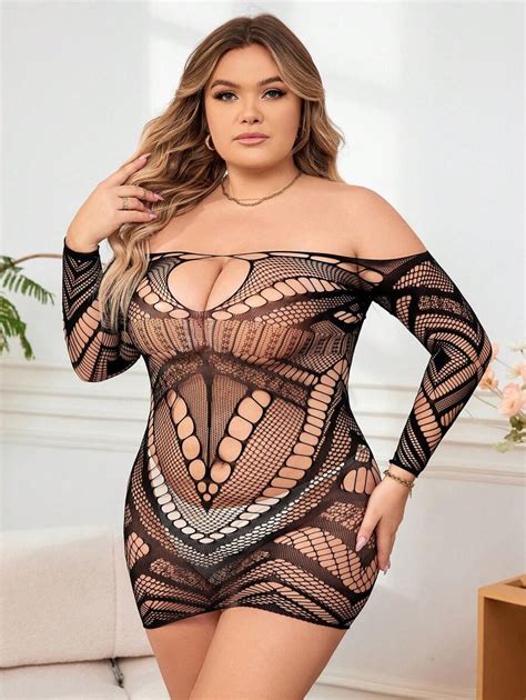 Classic Sexy Plus Size Women S Sexy One Shoulder Long Sleeve Lingerie Mesh Dress Shein Usa