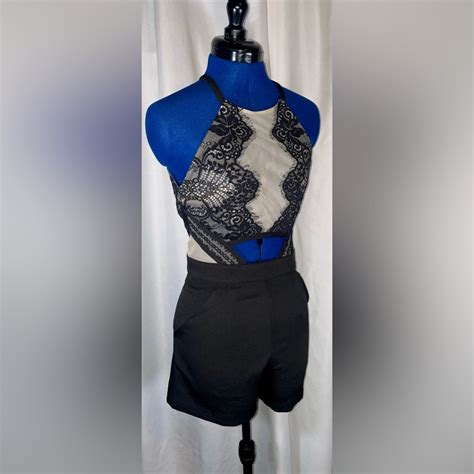 Luxxel Sz S Black Nude Lace Overlay Romper Gem