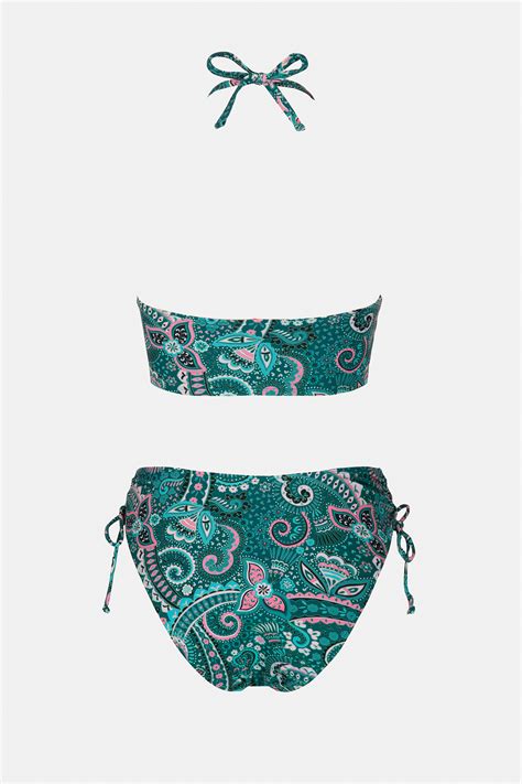 Spring Paisley Cutout Halter Ruched Drawstring Bikini Set
