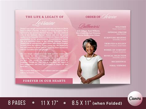 8 Page Pink Rose Funeral Program Template, 17" X 11" Memorial Template