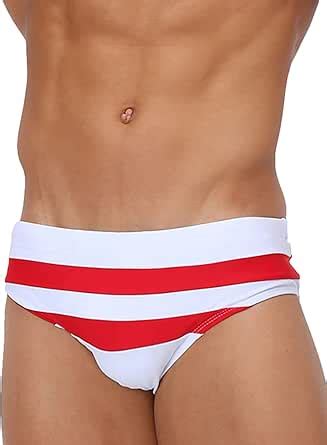 Mizok Men S Sexy Stripes Swimming Bikini Brief With Zipper Pocket Swimsuit Swimwear White M