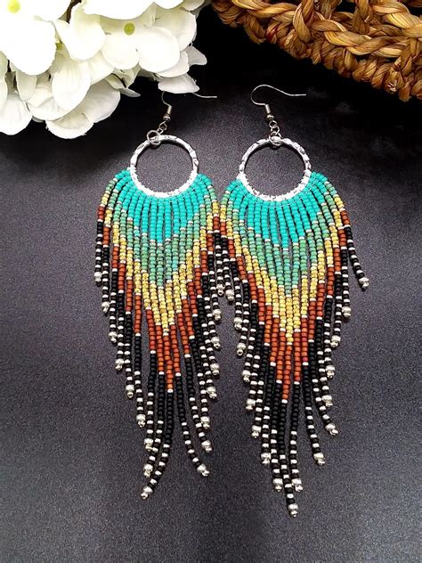 Boho Beaded Fringe Hoop Earrings On Mercari Beaded Earrings Diy