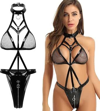 Amazon Leather Lingerie Set For Women Openwork Mesh With Zipper Black Strappy Backless