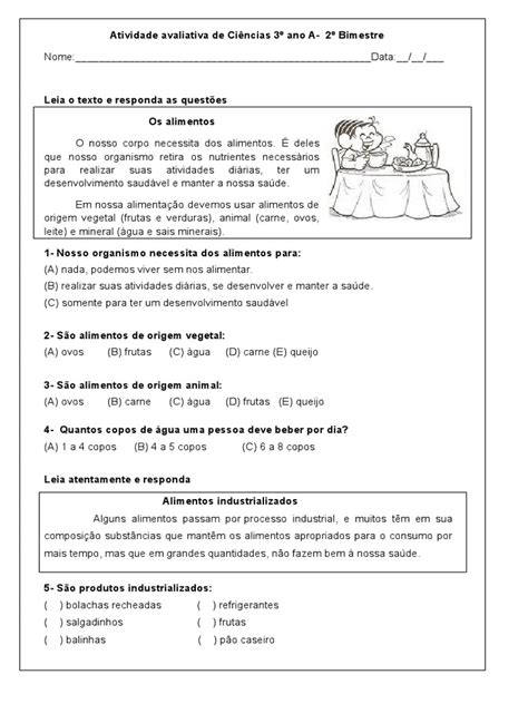 Atividade Avaliativa De Ciências - Atividade Avaliativa de Ciências 3º Ano | PDF
