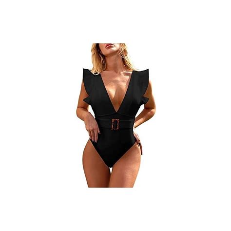 Itosho Costume Intero Da Donna Bikini Con Scollo A V E Volant Imbottito Monokini Nero M