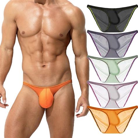 Dimgut Men S Semi Transparent Ice Silk Triangle Pants Low Waisted Sexy Bikini Large Pouch