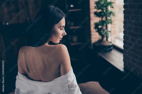 Behind View Profile Photo Of Hot Lady Closing Eyes Half Naked Waiting Husband Return Home Taking