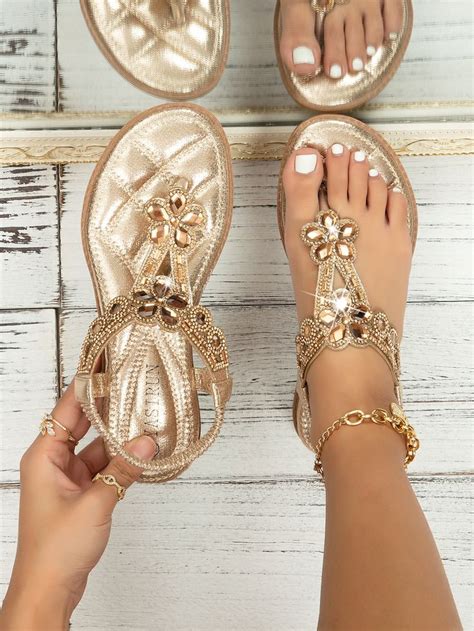 Metallic Rhinestone Decor Thong Sandals Sapatos Para Mulheres Estilo