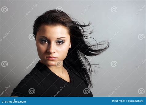 Beautiful Brunette With Hair Blowing Stock Image Image Of Cosmetics Headshot