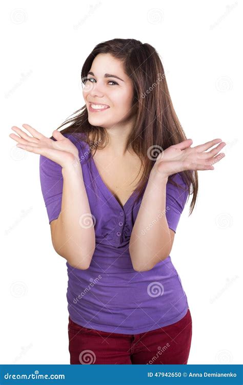 Brunette Woman Spread Her Hands Happily Stock Photo Image Of Pleased Hands