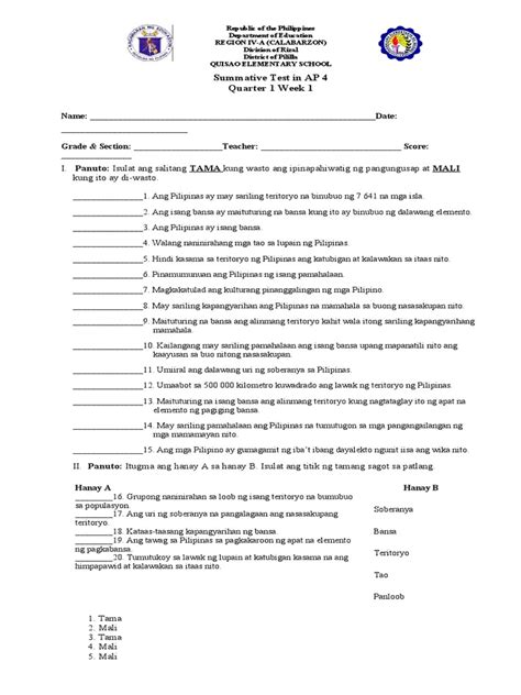 SummativeTest in AP4 q1 Week 1 | PDF