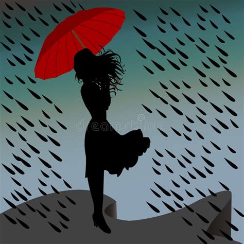 Het Silhouet Van De Vrouw In De Regen Met Een Paraplu Vector Illustratie Illustratie Bestaande