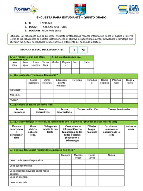 Encuesta Para Estudiante Primaria De Sexto Grado Pdf