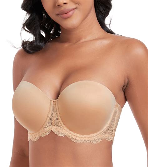 Exerin Women S Plus Size Strapless Full Coverage Underwire Lace Convertible Bra G Nude