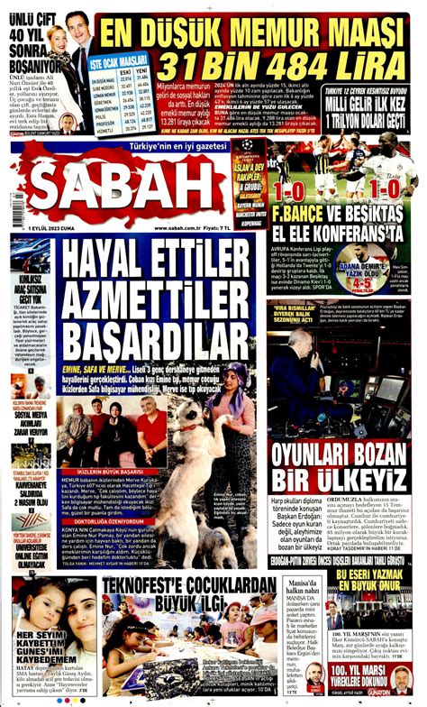 Sabah Gazetesi Sabah Manşet Oku Haberler 01 Eylül 2023