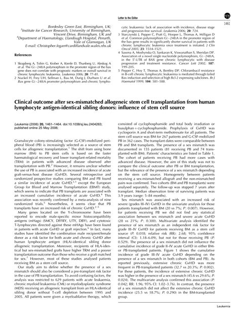 PDF Clinical Outcome After Sex Mismatched Allogeneic Stem Cell Transplantation From Human