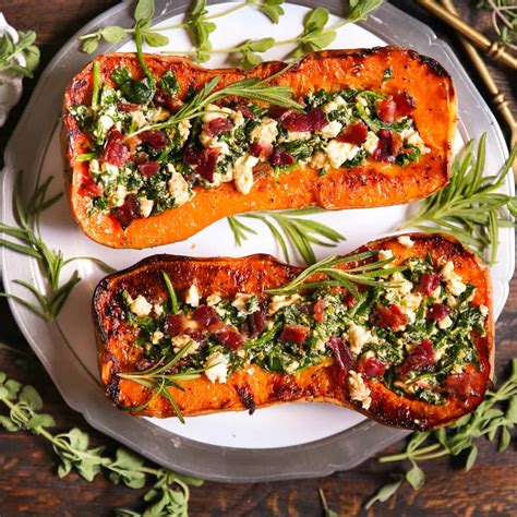 Stuffed Butternut Squash With Feta Cheese Spinach And Bacon Karinokada