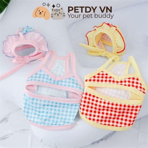 Set đồ bơi bikini và nón đi biển mùa hè cho thú cưng họa tiết kẻ caro