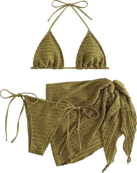 GORGLITTER Women S Swimsuit Halter Triangle Bra Bikini Set 3 Piece Bathing Suit With Beachwear