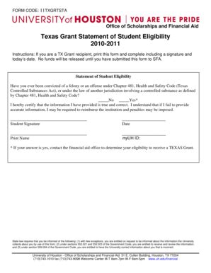 Fillable Online Uh Revised 2011 TX GRANT STATEMENT OF STUDENT