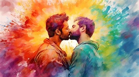 Joven pareja gay besándose fondo de pantalla de pintura de acuarela Foto Premium