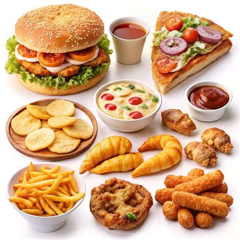 variety  fast food items including burgers pizza fries chicken