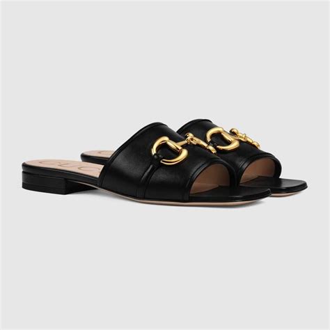 Shop The Womens Leather Slide Sandal With Horsebit In Black At Gucci