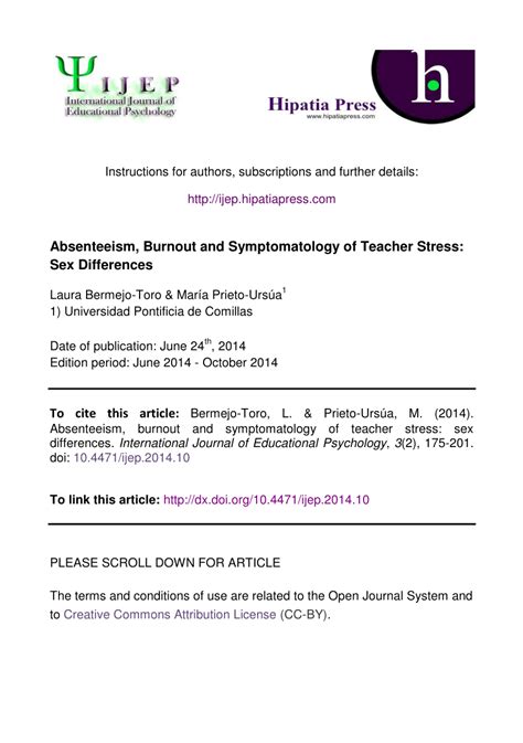 PDF Absenteeism Burnout And Symptomatology Of Teacher Stress Sex Differences
