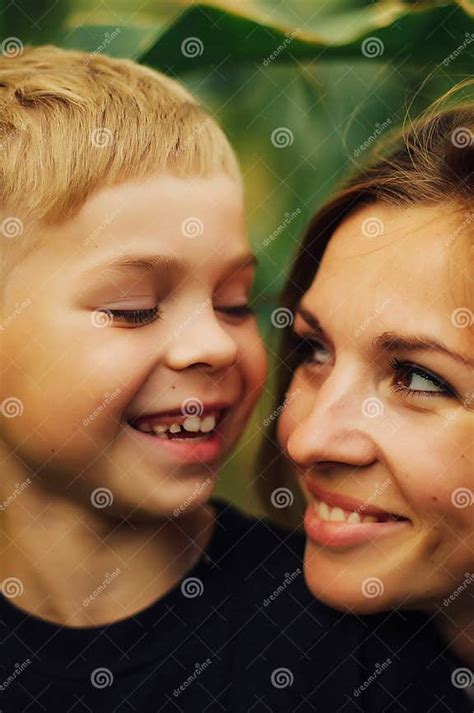 Portrait Of A Happy Mother And Her Son Outdoor Series Of A Mo Stock